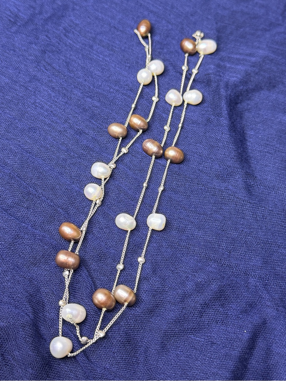 Freshwater Pearl Station Necklace - White & Bronze Pearls